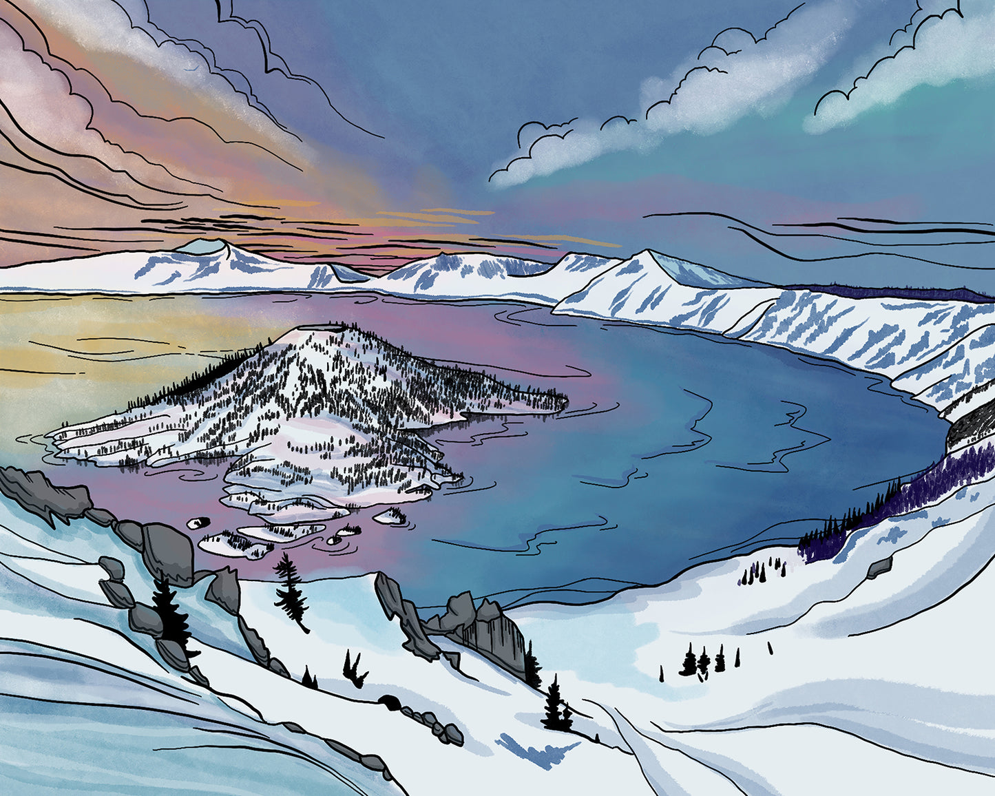 Crater Lake Winter wood panel print